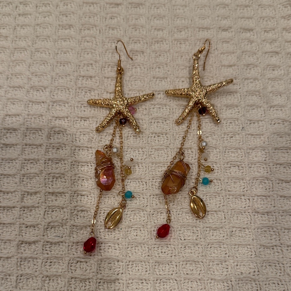 Gold Starfish Drop Earrings with Multicolor Beads